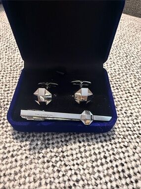 Takeo Kikuchi Men's Silver Geometric Cufflink and Tie Bar Set Japanese brand